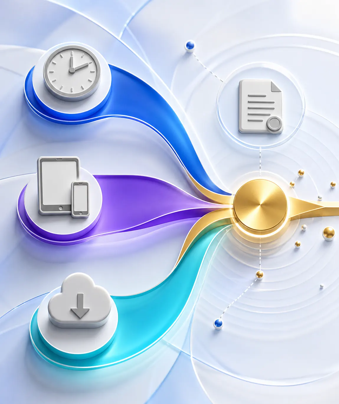 Three colored audio pathways converging on device, time, access and terms checkpoints